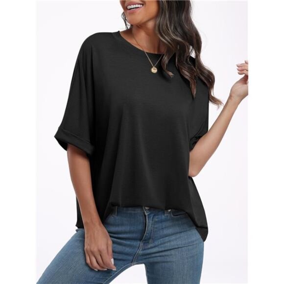 Women's Oversized Crewneck T-Shirts – Short Sleeve Summer Casual Tops - Picture 6 of 7
